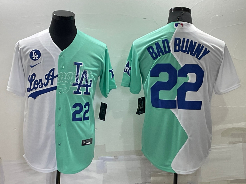 Men's Los Angeles Dodgers #22 Bad Bunny 2022 All-Star White/Green Cool Base Stitched Baseball Jersey Men's Los Angeles Dodgers #22 Bad Bunny 2022 All-Star White/Green Cool Base Stitched Baseball Jersey